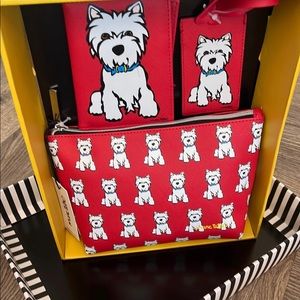 New Marc Tetro 3 Piece White Westie Set - Wallet, make up bag and luggage tag